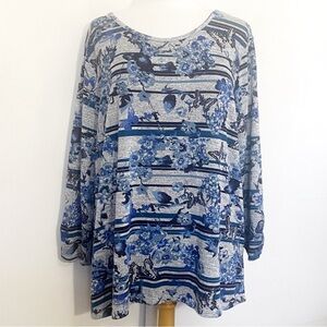 I. B. Diffusion Blue and Gray Floral Butterfly Women's Soft Knit Sweater Top 2X